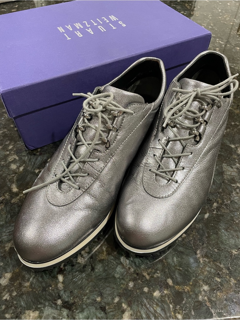 Stuart Weitzman Relay Lace-Up Sneakers Bullet Calcite Nappa Metallic Leather